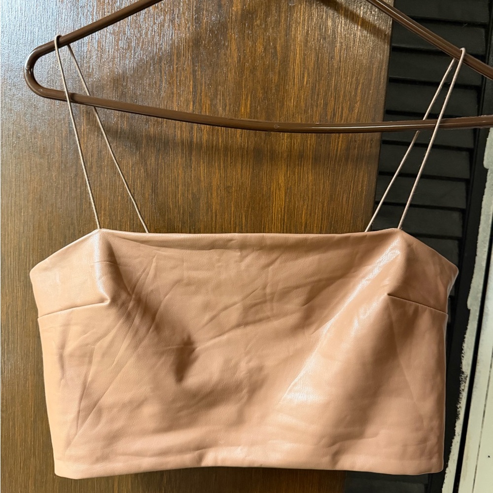 Faux Leather Spaghetti Strap Crop Top in Nude size large